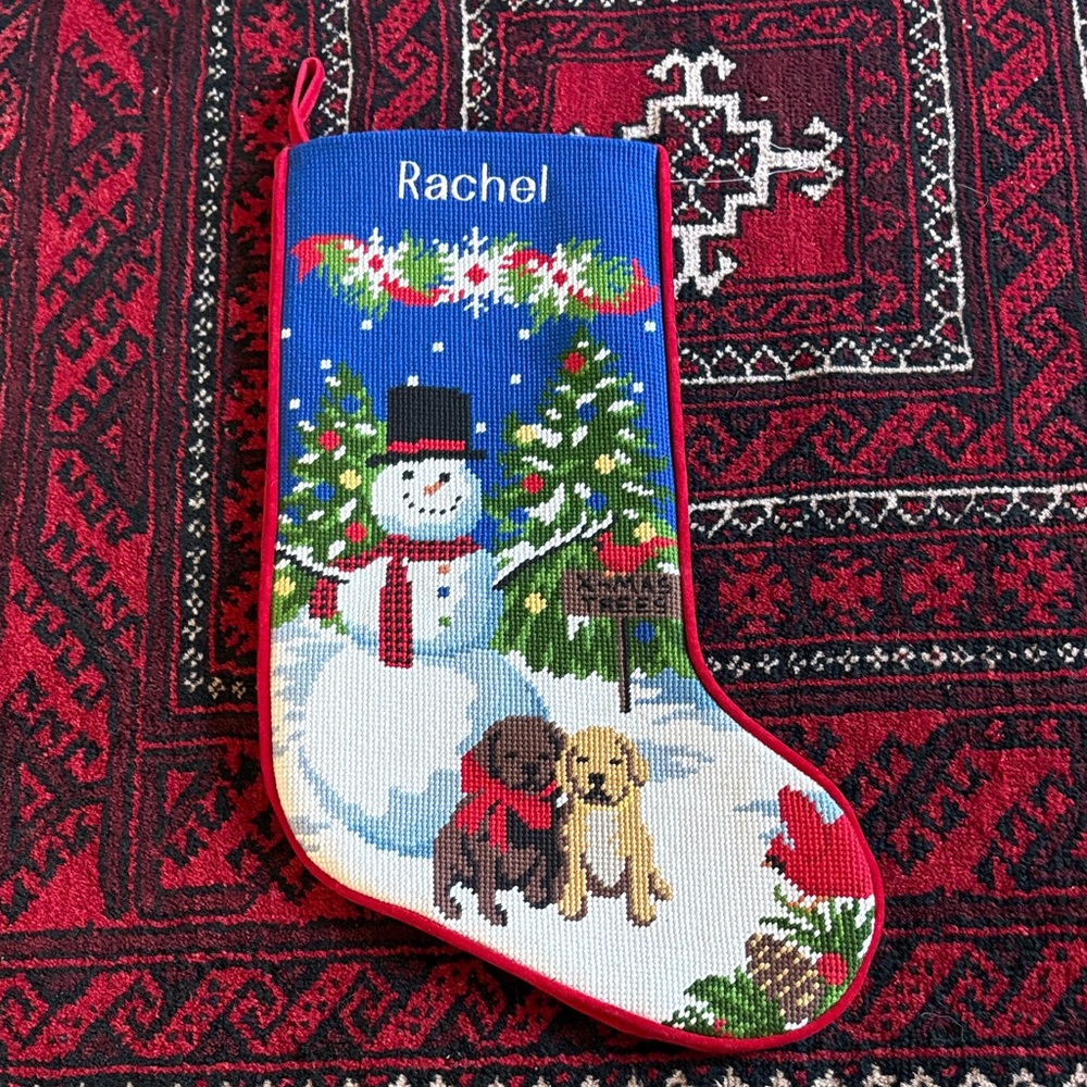 L.L. Bean Needlepoint Snowman and dogs Holiday Stocking